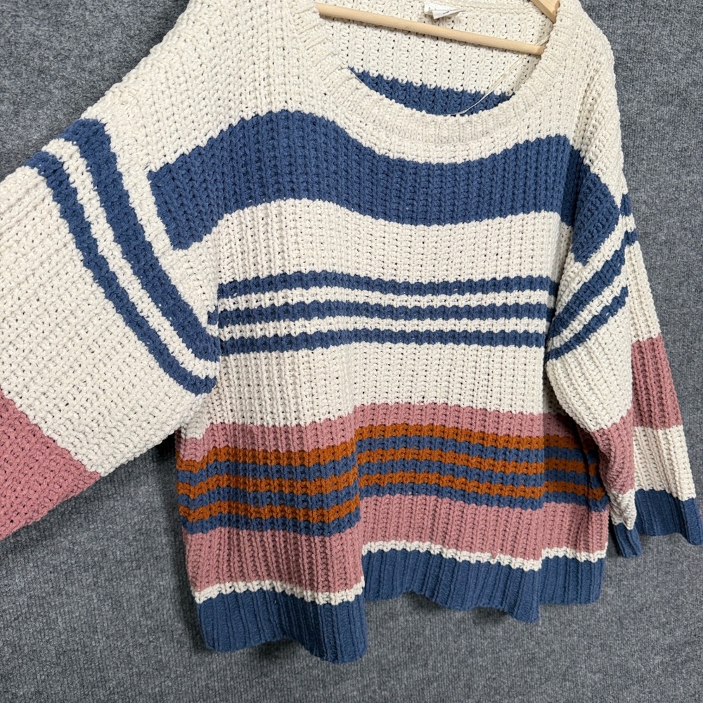 Together Collection Medium Sweater Top White Blue Striped Chunky Crochet Cozy - Picture 4 of 9